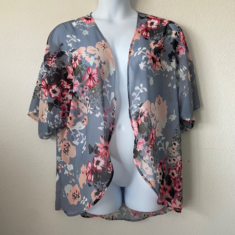 Unbranded Floral Kimono Cardigan L Blue Womens Boho Cottagecore Sheer Open Front